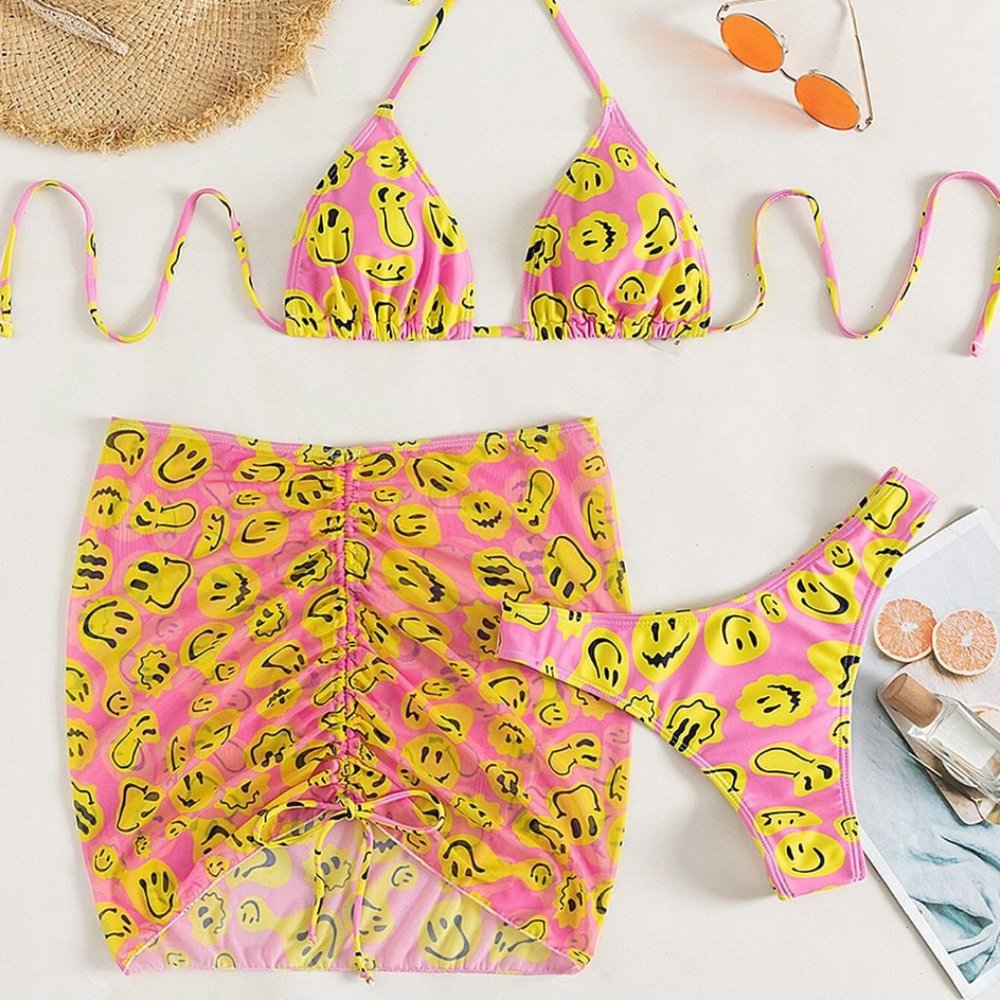 Melting Happy Face Triangle Drawstring Bikini Swimsuit, 3 piece set